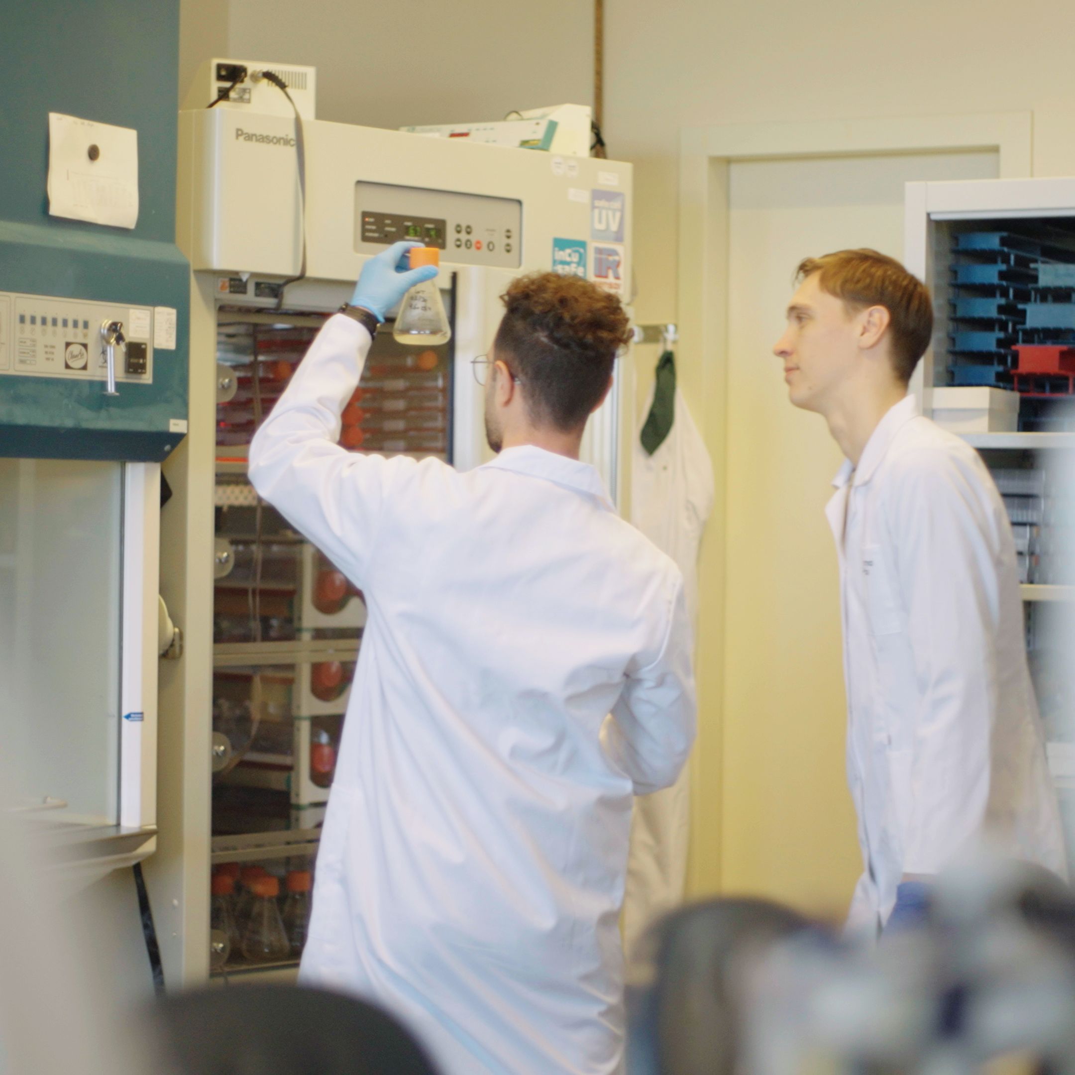 Twee laboranten bekijken een reageerbuis in het lab an Polpharma Biological