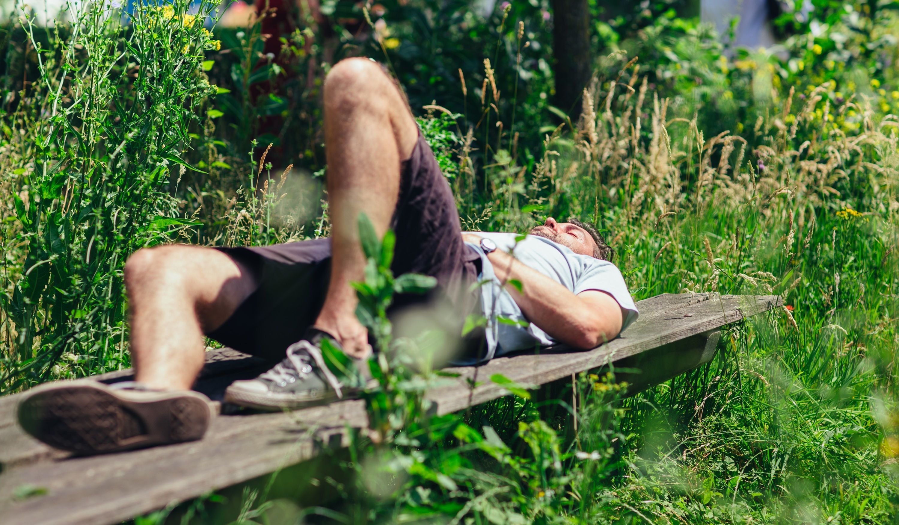Man ligt te slapen op een vlonder in het groen
